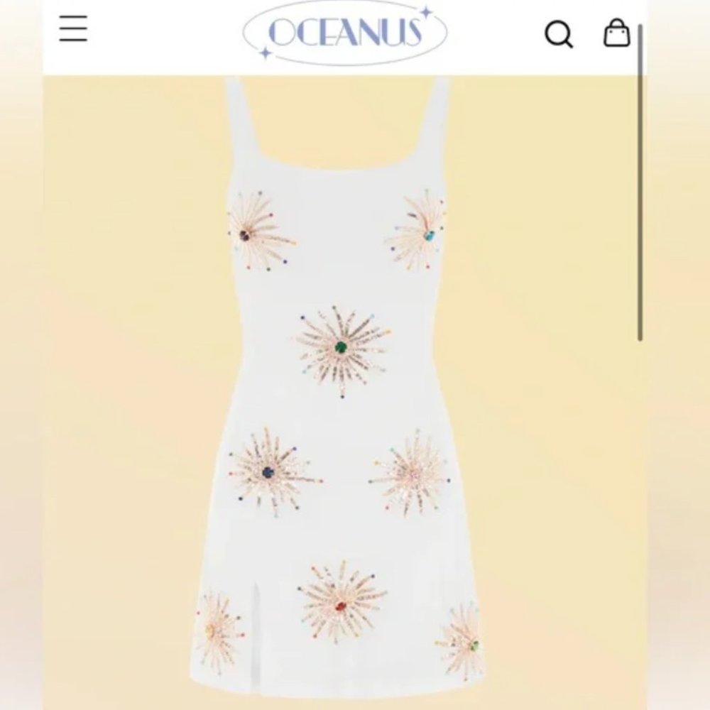 Oceanus Callie Dress - Size L, White w gold starbursts & multicolor gem accent